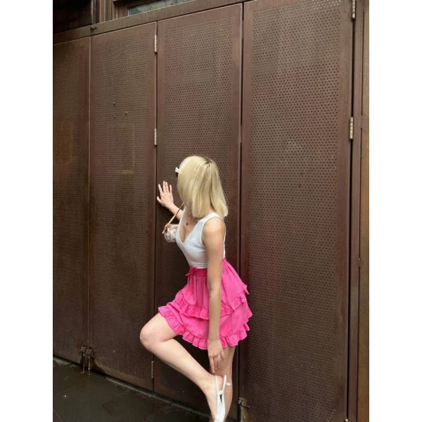 BEL LASTİKLİ KAT FIRFIR DETAYLI KISA ETEK - Pembe