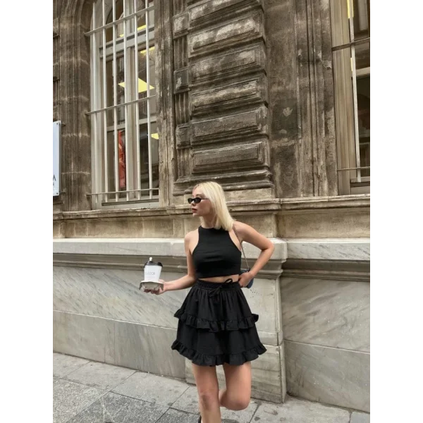 BEL LASTİKLİ KAT FIRFIR DETAYLI KISA ETEK - Siyah