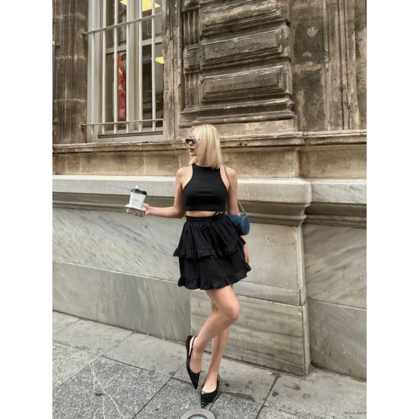 BEL LASTİKLİ KAT FIRFIR DETAYLI KISA ETEK - Siyah