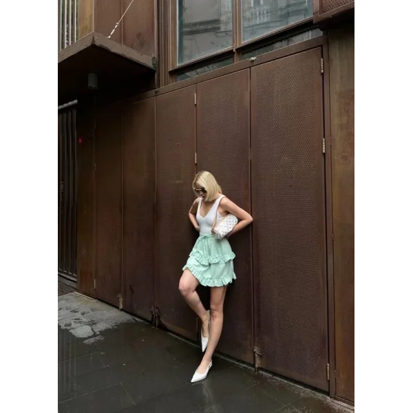 BEL LASTİKLİ KAT FIRFIR DETAYLI KISA ETEK - Yeşil