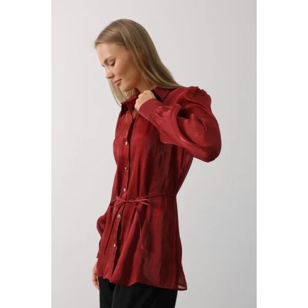 Belden Bağlamalı Uzun Kol Gömlek - Bordo