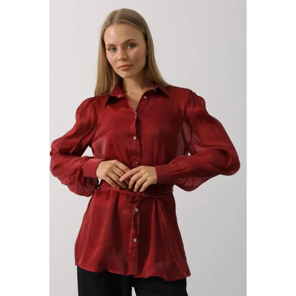 Belden Bağlamalı Uzun Kol Gömlek - Bordo