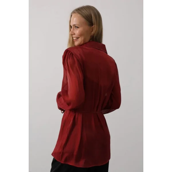 Belden Bağlamalı Uzun Kol Gömlek - Bordo