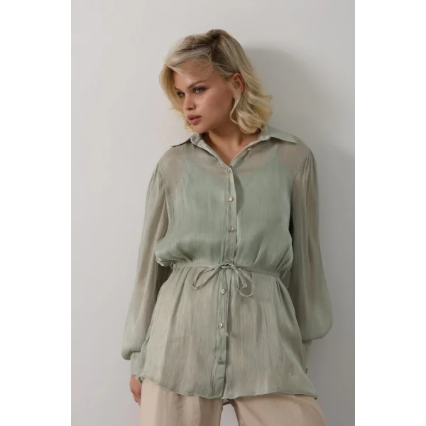 Belden Bağlamalı Uzun Kol Gömlek - Haki