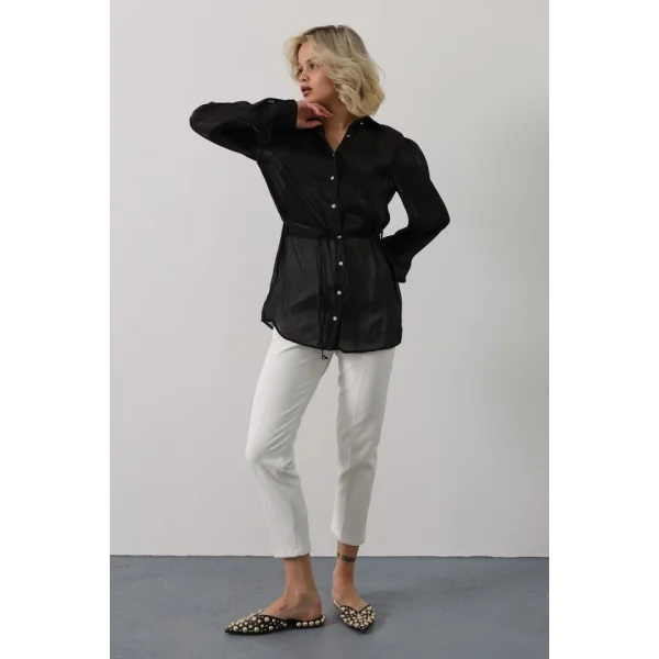 Belden Bağlamalı Uzun Kol Gömlek - Siyah