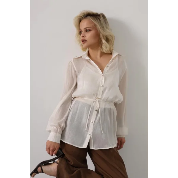 Belden Bağlamalı Uzun Kol Gömlek - Taş