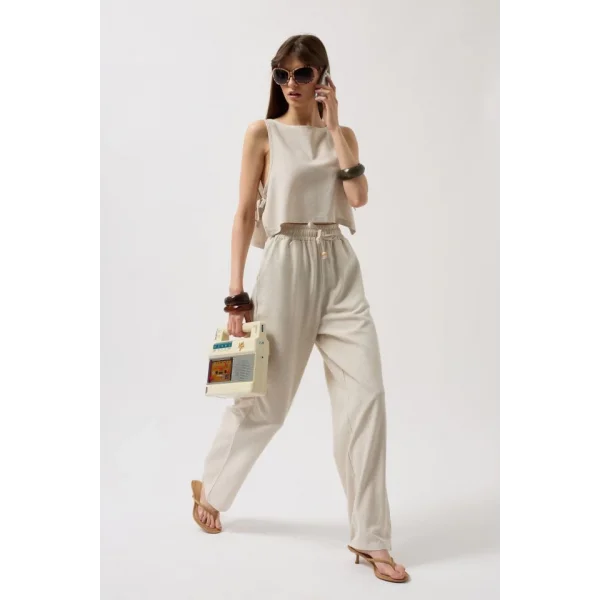 Beli Bağcıklı Düz Kesim Pantolon