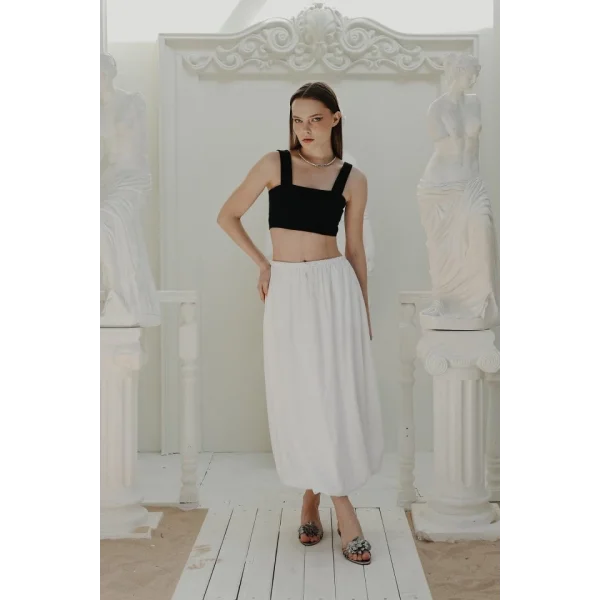 Beli Bağlamalı Balon Etek  Beyaz