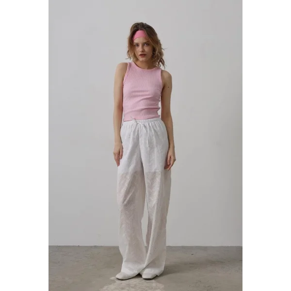 Beli Bağlamalı Brode Pantolon - Beyaz