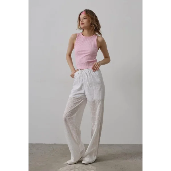 Beli Bağlamalı Brode Pantolon - Beyaz