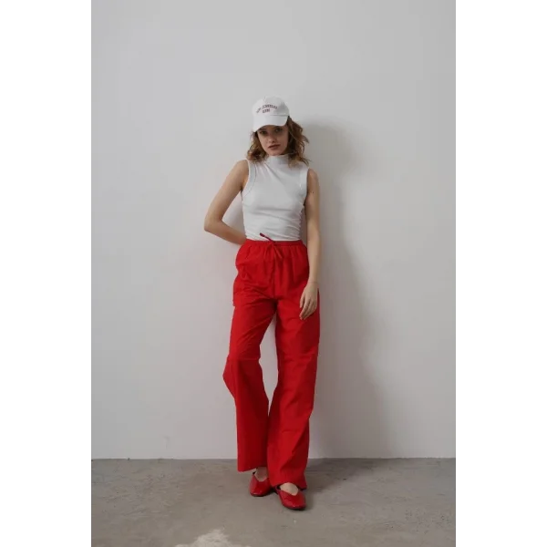 Beli Bağlamalı Brode Pantolon - Kırmızı