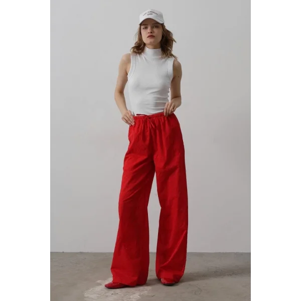 Beli Bağlamalı Brode Pantolon - Kırmızı