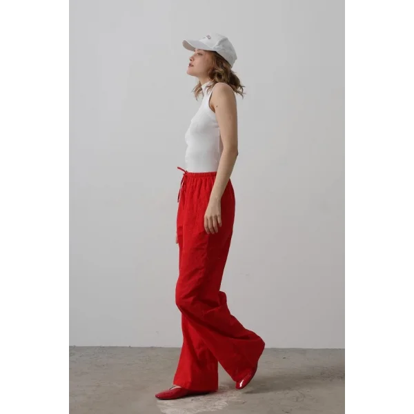 Beli Bağlamalı Brode Pantolon - Kırmızı