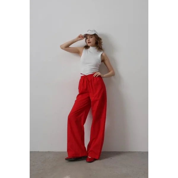 Beli Bağlamalı Brode Pantolon - Kırmızı