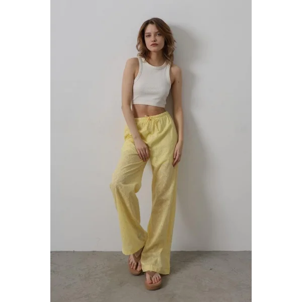 Beli Bağlamalı Brode Pantolon - Sarı