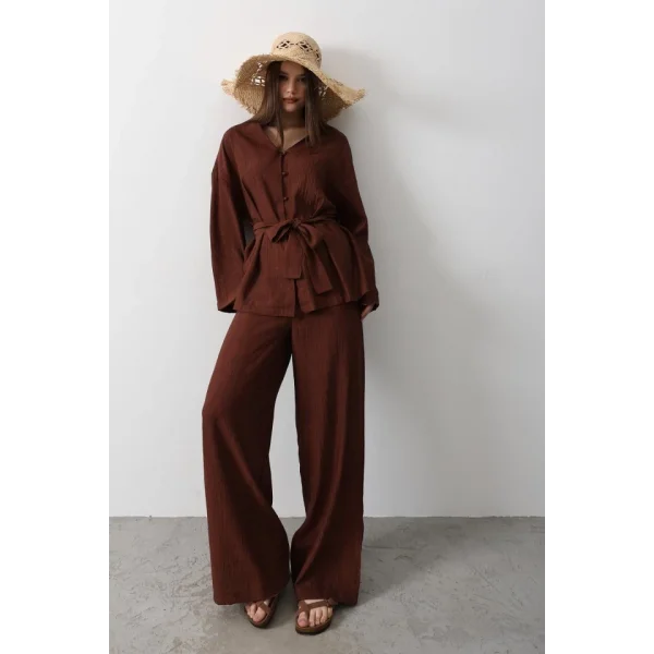 Beli Bağlamalı Tunik Ve Beli Bağlamalı Pantolon Takım - Kahve