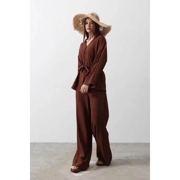 Beli Bağlamalı Tunik Ve Beli Bağlamalı Pantolon Takım - Kahve
