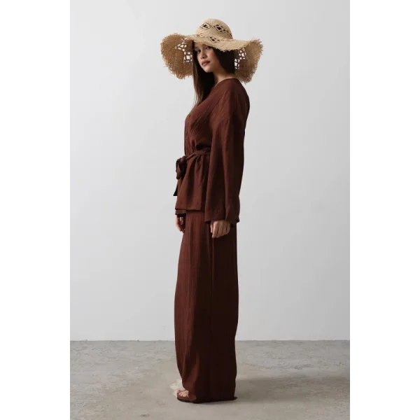 Beli Bağlamalı Tunik Ve Beli Bağlamalı Pantolon Takım - Kahve