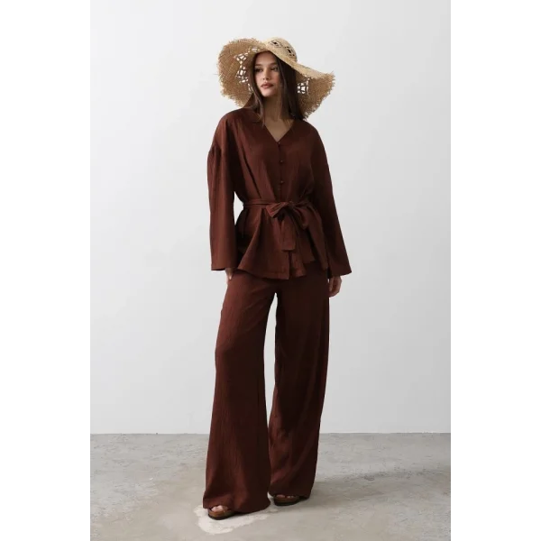 Beli Bağlamalı Tunik Ve Beli Bağlamalı Pantolon Takım - Kahve