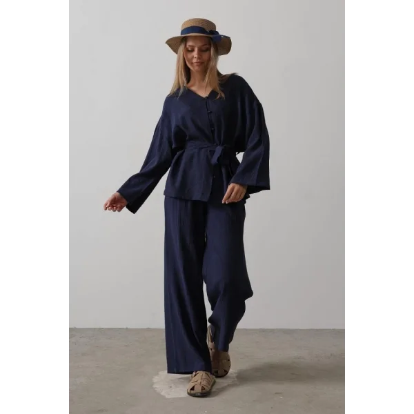 Beli Bağlamalı Tunik Ve Beli Bağlamalı Pantolon Takım - Lacivert