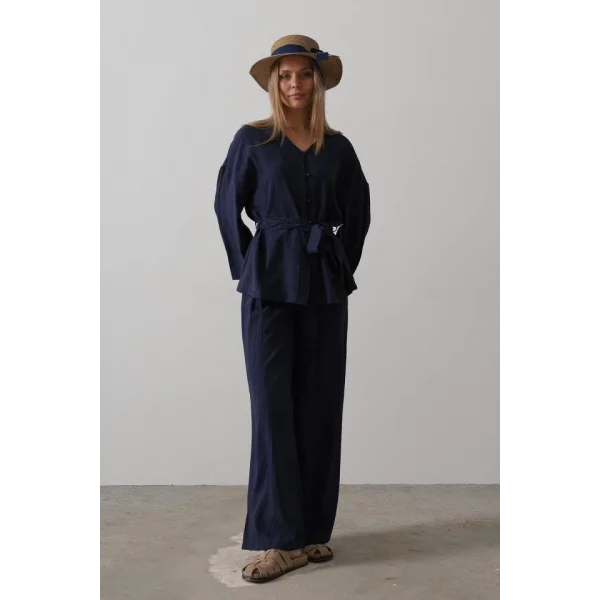 Beli Bağlamalı Tunik Ve Beli Bağlamalı Pantolon Takım - Lacivert