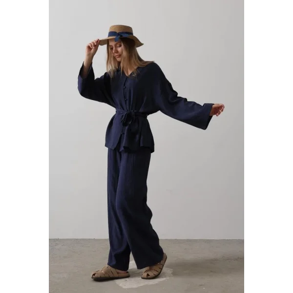 Beli Bağlamalı Tunik Ve Beli Bağlamalı Pantolon Takım - Lacivert