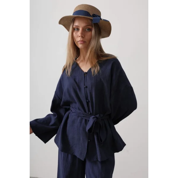 Beli Bağlamalı Tunik Ve Beli Bağlamalı Pantolon Takım - Lacivert