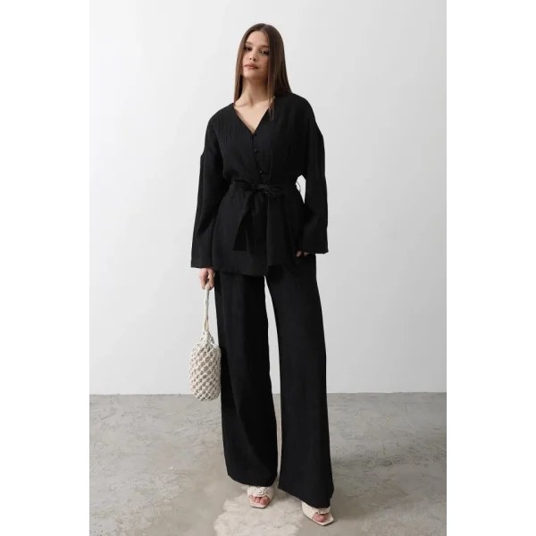 Beli Bağlamalı Tunik Ve Beli Bağlamalı Pantolon Takım - Siyah