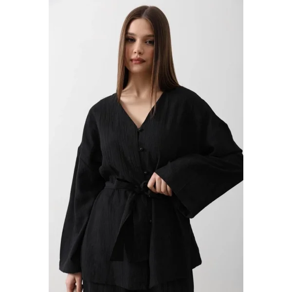 Beli Bağlamalı Tunik Ve Beli Bağlamalı Pantolon Takım - Siyah