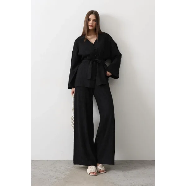 Beli Bağlamalı Tunik Ve Beli Bağlamalı Pantolon Takım - Siyah