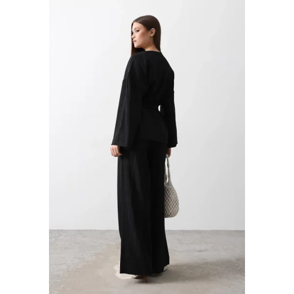 Beli Bağlamalı Tunik Ve Beli Bağlamalı Pantolon Takım - Siyah