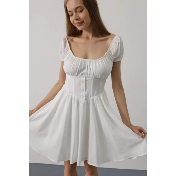 Beli Korseli Mini Elbise - Beyaz