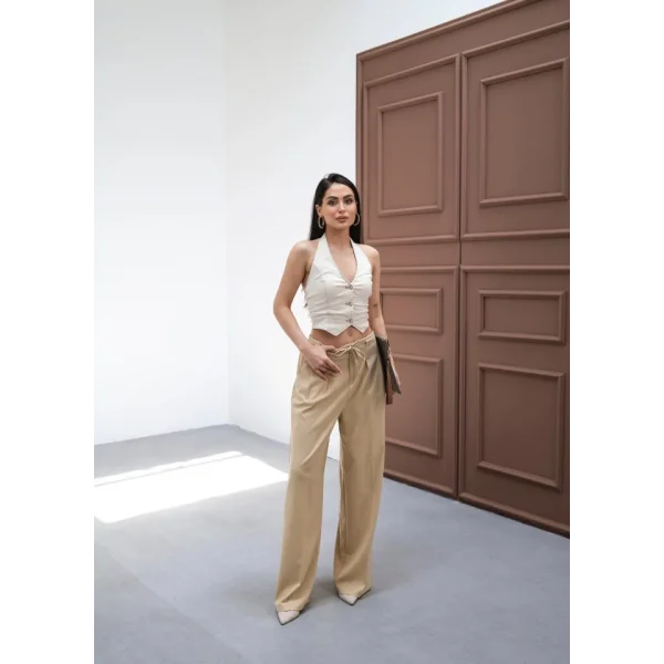 Beli̇ Lasti̇k Ve Bağcikli Geni̇ş Paça Pantolon