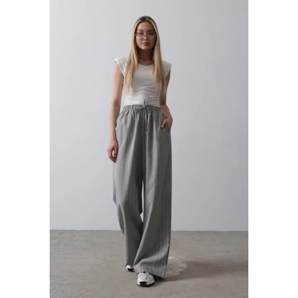 Beli Lastikli Bol Paça Pantolon - Gri