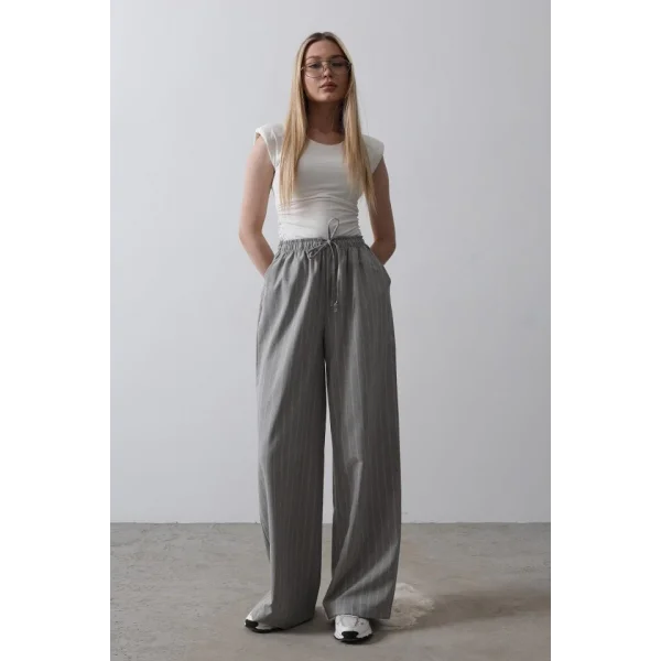 Beli Lastikli Bol Paça Pantolon - Gri