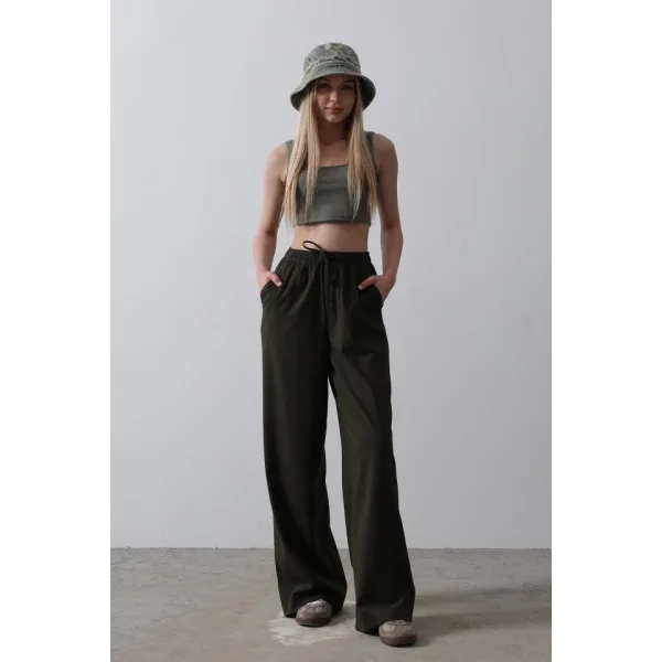 Beli Lastikli Bol Paça Pantolon - Haki