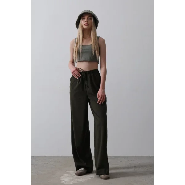 Beli Lastikli Bol Paça Pantolon - Haki