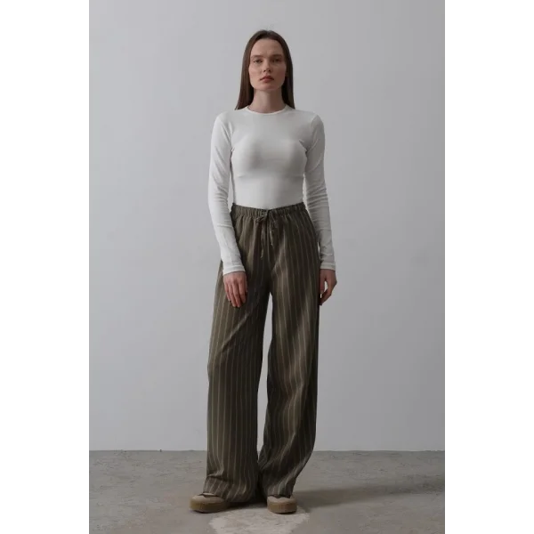 Beli Lastikli Bol Paça Pantolon - Haki-Beyaz