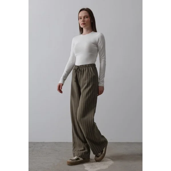 Beli Lastikli Bol Paça Pantolon - Haki-Beyaz