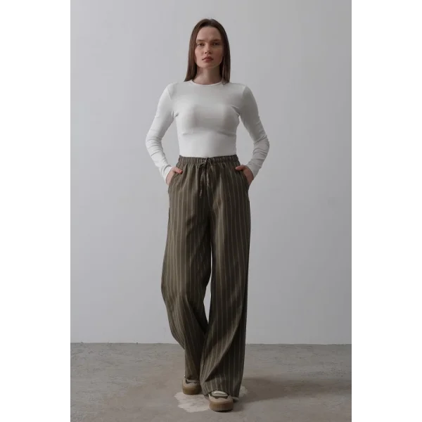 Beli Lastikli Bol Paça Pantolon - Haki-Beyaz