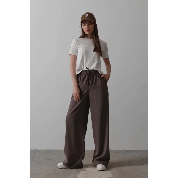 Beli Lastikli Bol Paça Pantolon - Kahve