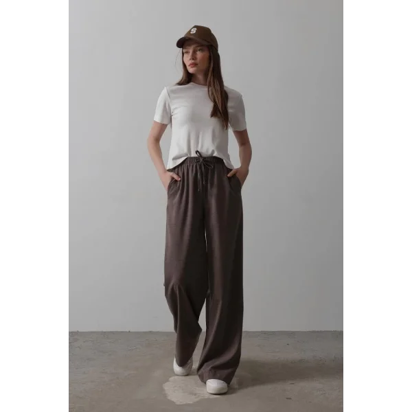 Beli Lastikli Bol Paça Pantolon - Kahve