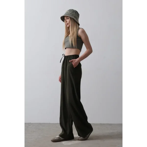 Beli Lastikli Bol Paça Pantolon - Koyu Haki