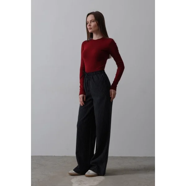 Beli Lastikli Bol Paça Pantolon - Lacivert-Beyaz