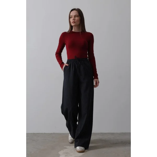 Beli Lastikli Bol Paça Pantolon - Lacivert-Beyaz