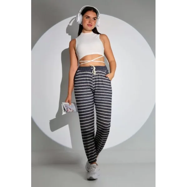 Beli Lastikli Çizgili Eşofman Alt - Siyah