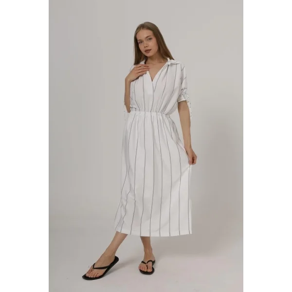 Beli Lastikli Elbise - Beyaz