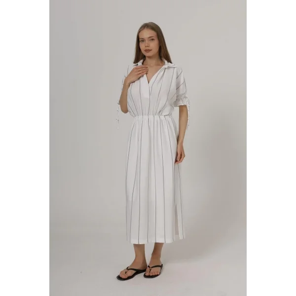 Beli Lastikli Elbise - Beyaz