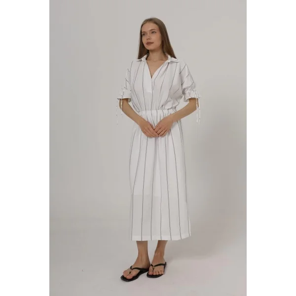 Beli Lastikli Elbise - Beyaz