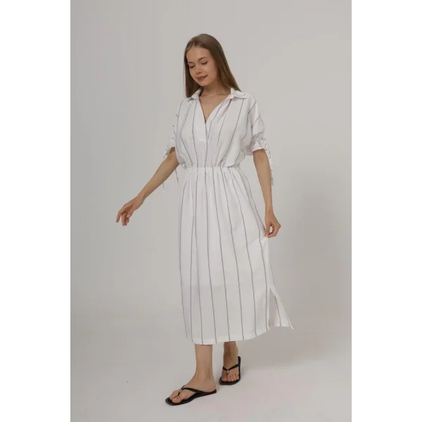 Beli Lastikli Elbise - Beyaz